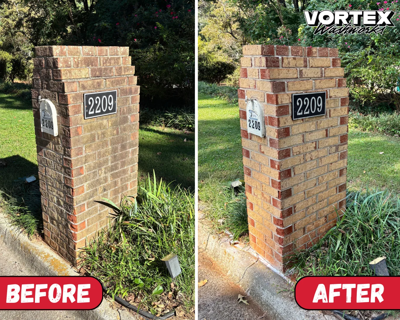 Brick mailbox pillar cleaning before and after in Decatur, GA